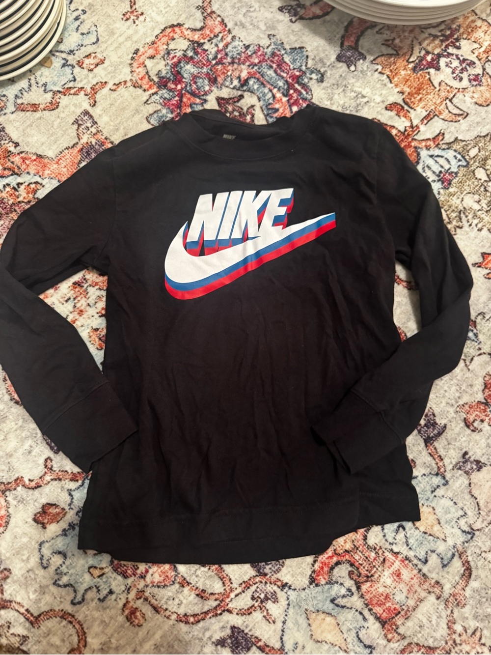 Nike Black Long Sleeve Tee with White Logo and Red & Blue Accents NWOT
